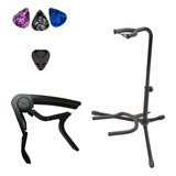 Kit Suporte Chão Violão Capo 3 Palhetas 1 Porta Palhetas
