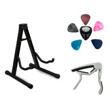 Kit Suporte Chão Violão Capo 6 Palhetas 1 Porta Palhetas