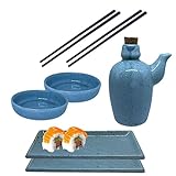 Kit Sushi Comida Japonesa Porcelana 2 Pessoas Azul Mesclado 7 Peças + Hashi Molheira 110ml