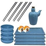 Kit Sushi Comida Japonesa Porcelana 4 Pessoas Azul Mesclado 9 Peças Hashi Molheira 110mL