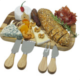 Kit Tabua Bambu Para Queijo Com Facas Garfo Espatula 5 Peças