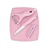 Kit Tábua Descascador E Faca Para Cortar Legumes E Frutas 3 Peças Rosa 