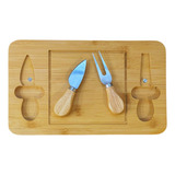 Kit Tábua Jogo Queijo Frios Bambu Faca Garfo Inox Retangular