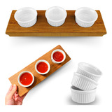 Kit Tábua Madeira Ramequim Porcelana Molheira Petisqueira