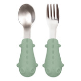 Kit Talheres Em Silicone E Aço Inoxidável Dino Verde Buba