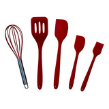 Kit Talheres Utensílios De Cozinha Silicone 5 Peças Vermelho