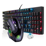 Kit Teclado Gamer Mecânico Blue Switch Mouse Led Rgb Jogos