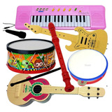 Kit Teclado Infantil Rosa Microfone Tambor Viola Brinquedo