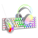 Kit Teclado Mecânico Mouse 7200 Dpi Fone Headset Iluminação Rainbow Rgb Lumini Translucido Branco Abnt2 Switch Azul