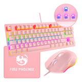 Kit Teclado Mouse Mecânico Abnt2 Gamer Rgb Led Switch Blue Mousepad Luuk Young Be k1 Rosa