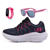 Kit Tênis Infantil Meninas Escolar Casual Oculos Relogio