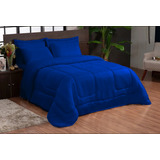 Kit Ternura Casal Queen Edredom Jogo Fronhas Roupa De Cama Cor Azul Royal Desenho Do Tecido Liso