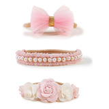 Kit Tiaras Faixas Para Bebês Crianças Newborn Flores Arranjo Cor Rosa Vallen Acessórios
