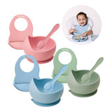 Kit Tigela Bowl Ventosa Babador Pega Migalha Colher Silicone