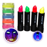 Kit Tinta Facial Batom Neon Brilha Escuro Maquiagem Fluor