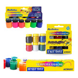 Kit Tinta Guache Tempera 24un Acrilex Glitter Neon Escolar