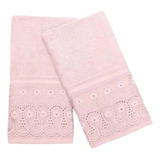 Kit Toalha De Mão Rosto Bordado Lavabo 2pçs 100 aLG Egipcio Cor Rosa Renascença