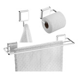 Kit Toalheiro Gancho Suporte Papel Higiênico Adesivo Cromado