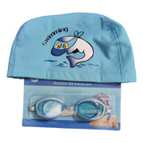 Kit Touca De Natação E Óculos Infantil Piscina Hidro Nadar Cor Azul claro Desenho Do Tecido Golfinho Tamanho Único