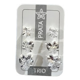Kit Trio Pares De Brinco Feminino Prata 925 Zircônia