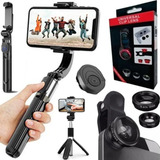 Kit Tripé 2 Em 1 Estabilizador Celular 3 Lentes Filmagem