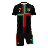 Kit Uniforme Cristiano Ronaldo Portugal Preto Camisa Shorts