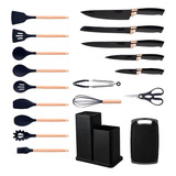 Kit Utensílio Cozinha Silicone Colheres Facas Tabua 19 Peças