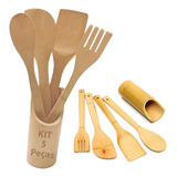 Kit Utensílios Bambu Espátulas Colher Pau Madeira Cozinha