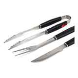 Kit Utensílios Churrasco 3 Peças Faca Garfo E Pegador Moob Cor Preto