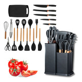 Kit Utensílios Cozinha 19 Peças Faqueiro Jogo Silicone Preto