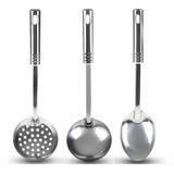 Kit Utensílios Cozinha 3 Pçs Inox Escumadeira Colher Concha
