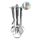 Kit Utensílios Cozinha Aço Inox 7 Peças Suporte Churrasco