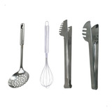 Kit Utensilios Cozinha Inox Pegador Escumadeira Fuet Fue
