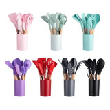 Kit Utensilios Cozinha Jogo 12 Peças Silicone Cabo Madeira