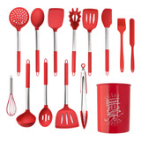 Kit Utensílios Cozinha Silicone Cabo Inox Vermelho Livre De