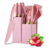 Kit Utensílios Cozinha Silicone Suporte Faqueiro Tabua Rosa