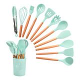 Kit Utensilios Cozinha Verde Silicone Cabo Madeira Jogo 12 Peças Pratico Talheres Moderno Resistente Flexivel Texfine