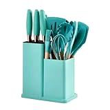 Kit Utensílios De Cozinha De Silicone 19 Peças Antiaderente Com Facas Em Inox Organizador Tábua Tesoura Verde
