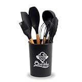 KIT Utensílios De Cozinha Em Madeira E Silicone 7 Peças Com Balde Porta Talheres Jogo Com Colher  Espátula  Pegador  Pincel  Concha Cores Preto  Rosa  Verde  Vermelho LINHA COZINHA PREMIUM  PRETO 