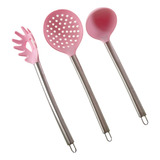 Kit Utensílios De Cozinha Jogo 3 Pçs Em Silicone Cabo Inox