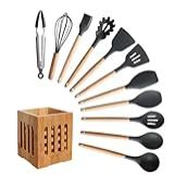 Kit Utensílios De Cozinha Preto 12 Peças Silicone Cesto Bambu