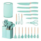 Kit Utensilios De Cozinha Silicone 19 Peças Facas Tabua