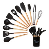 Kit Utensílios De Cozinha Silicone Cabo Madeira 12 Peças