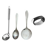 Kit Utensílios De Inox Escumadeira Concha Colher