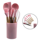 Kit Utensilios De Silicone E Cabo Madeira 8 Pcs Espatulas