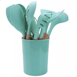Kit Utensílios Silicone Cozinha Colheres 12 Peças Cabo Madei