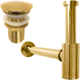 Kit Valvula Click Dourada E Sifão Copo Lavatório 1 1 4 Metal
