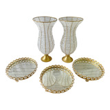 Kit Vasos Jarros Pedraria Cristal Bandejas Espelhadas 5 Pçs