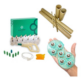 Kit Ventosa 12 Copos Bambu 6pçs Luva Massageadora Verde