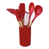 Kit Vermelho 07 Utensílios De Cozinha Em Silicone E Madeira